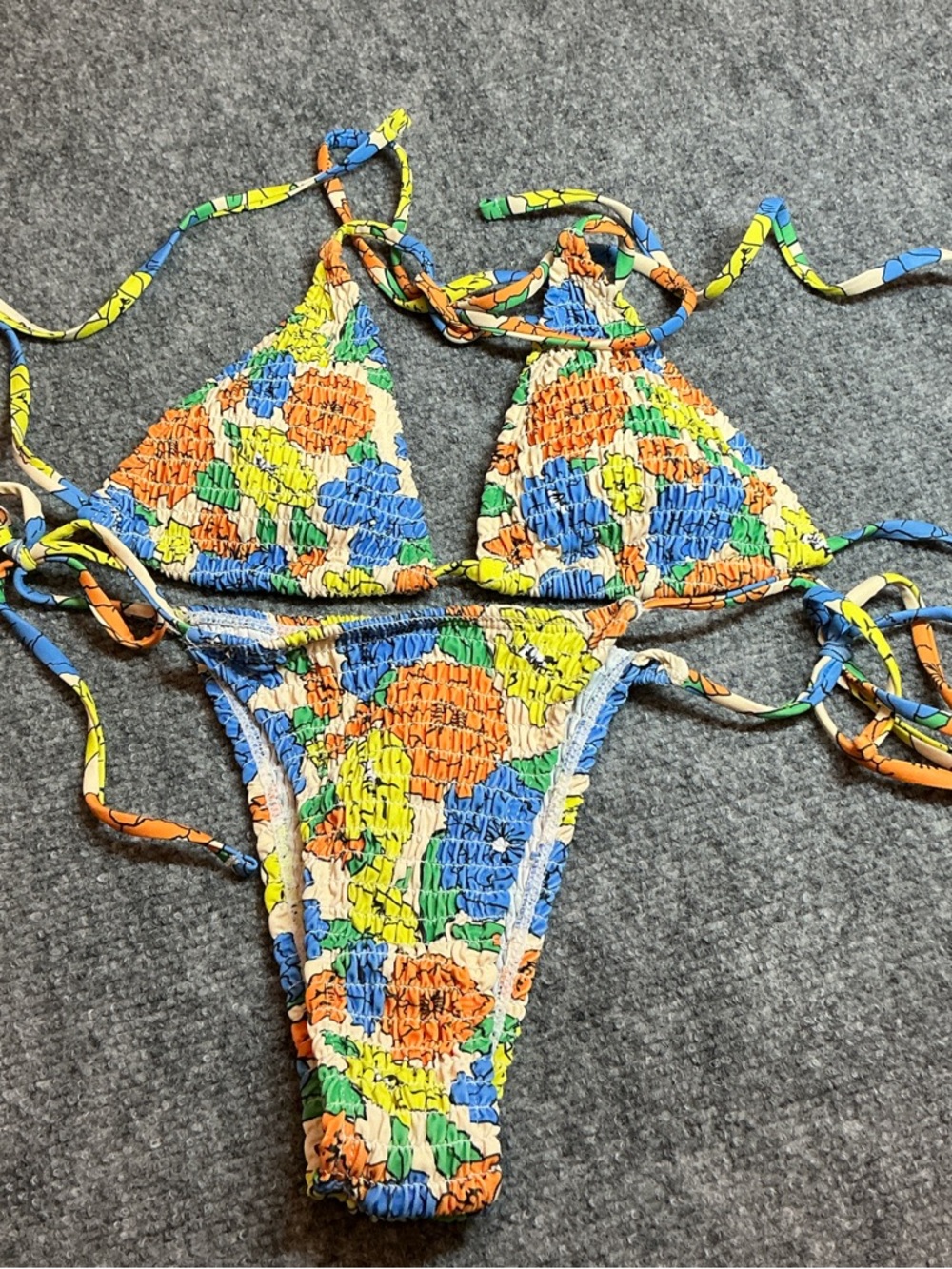 Smocked Floral Triangle Bikini Set in Blue, Orange & Yellow